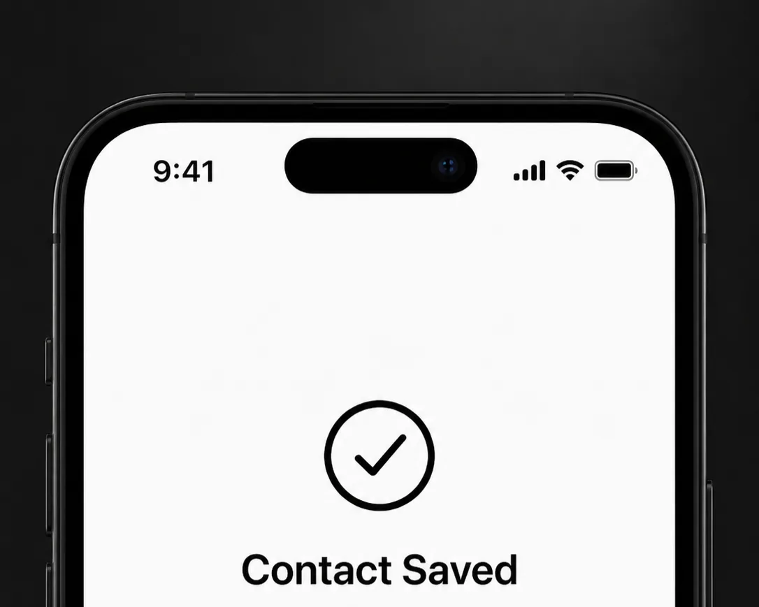 Phone screen showing a saved contact confirmation