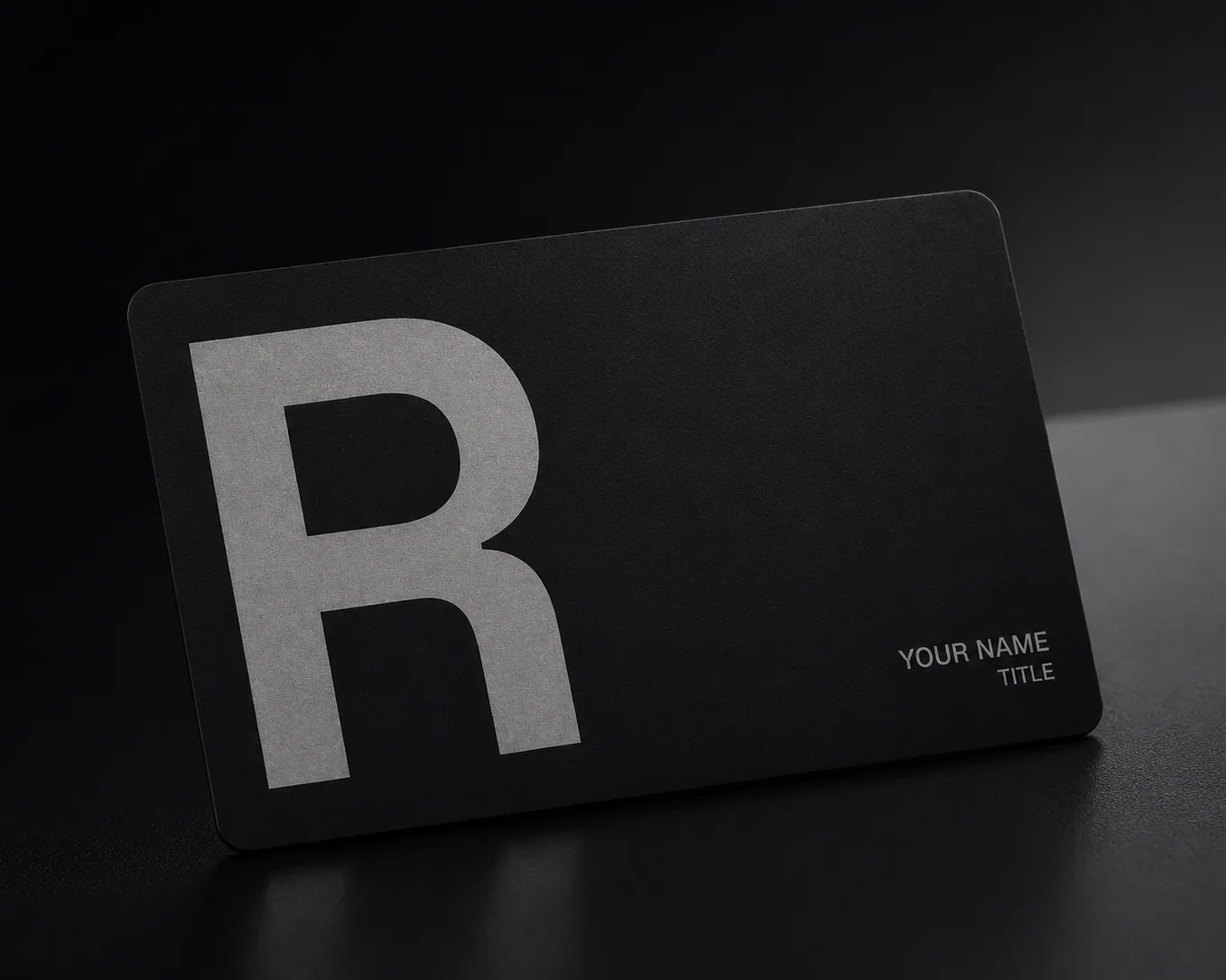 Residue card with oversized R logo on a dark surface